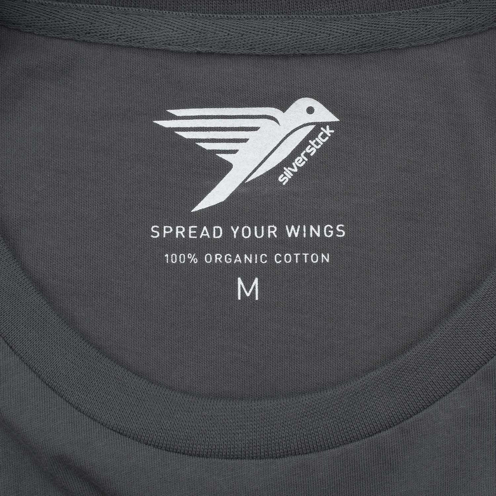 Gray t-shirt with white logo and text on a dark gray background