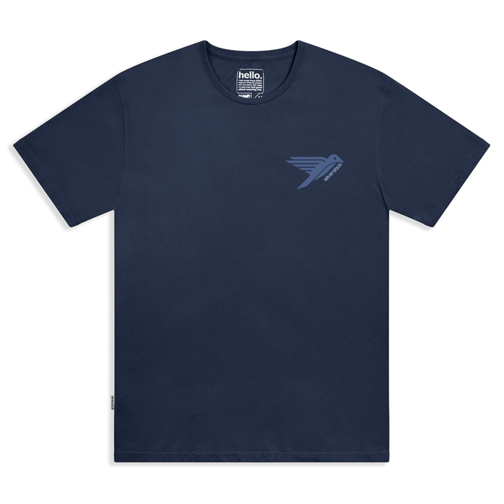 Navy blue t-shirt with a logo on the chest against a white background